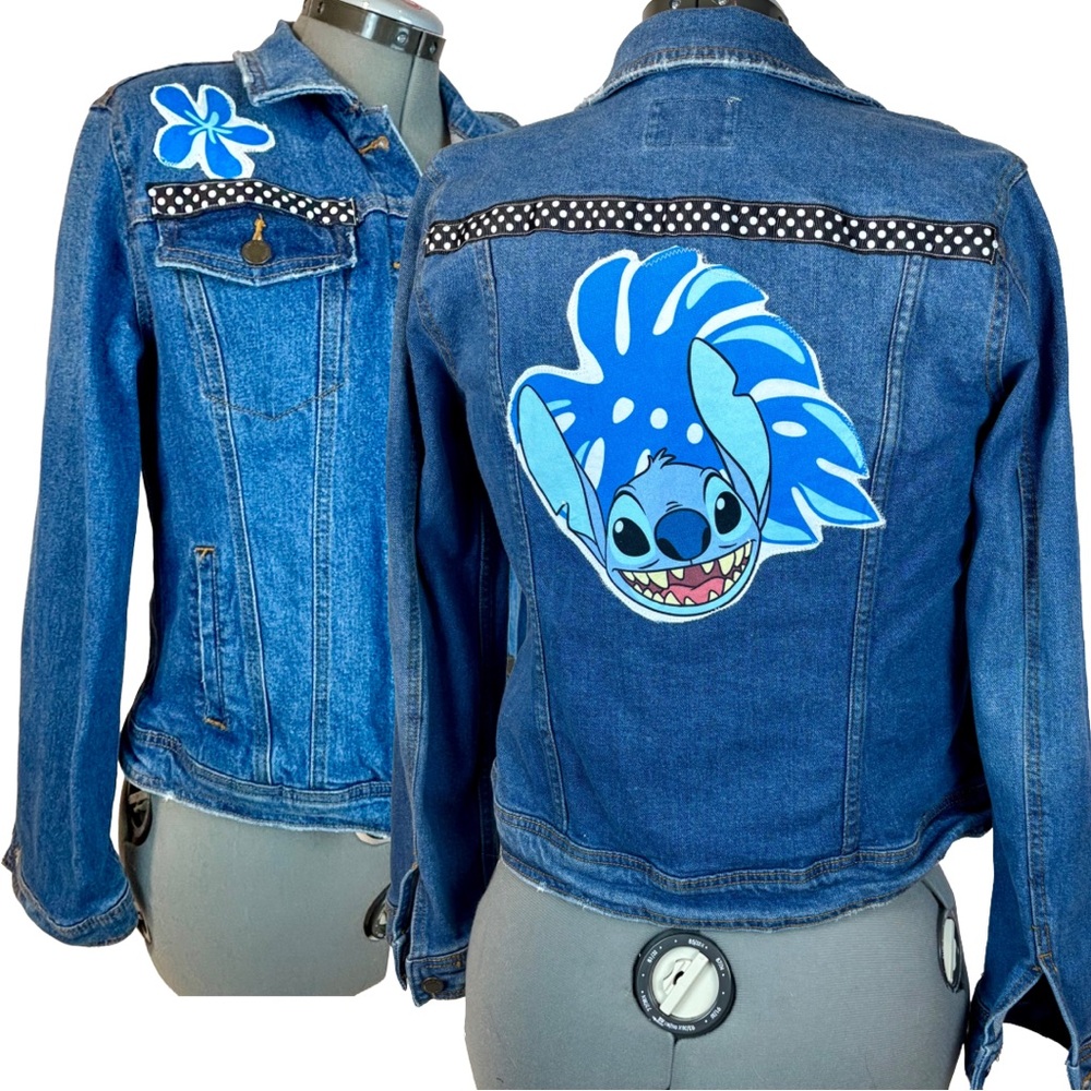 Universal Thread Blue Denim‎ Jacket Hand Crafted Lilo & Stitch Appliqué Girls XL